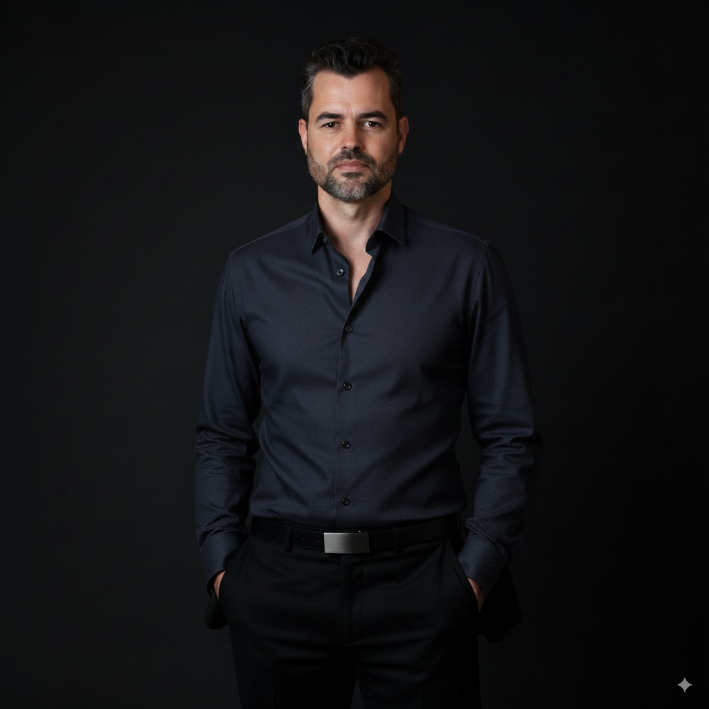Aurélio Azevedo em retrato de corpo inteiro, fundo escuro